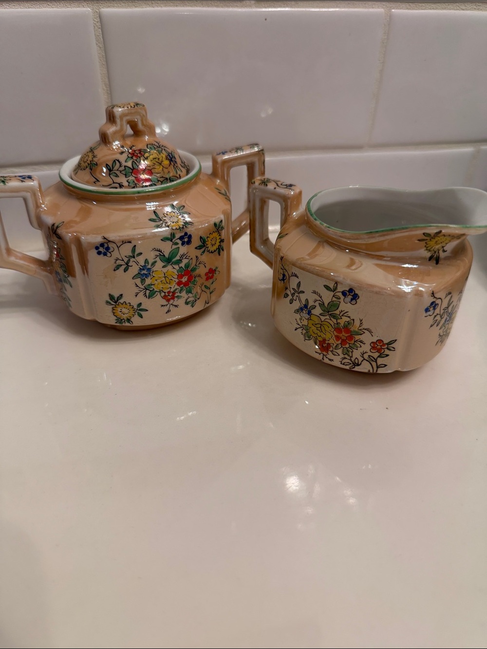 Vintage TRICO Floral Sugar Bowl and Creamer Set - hand painted - Picture 1 of 5